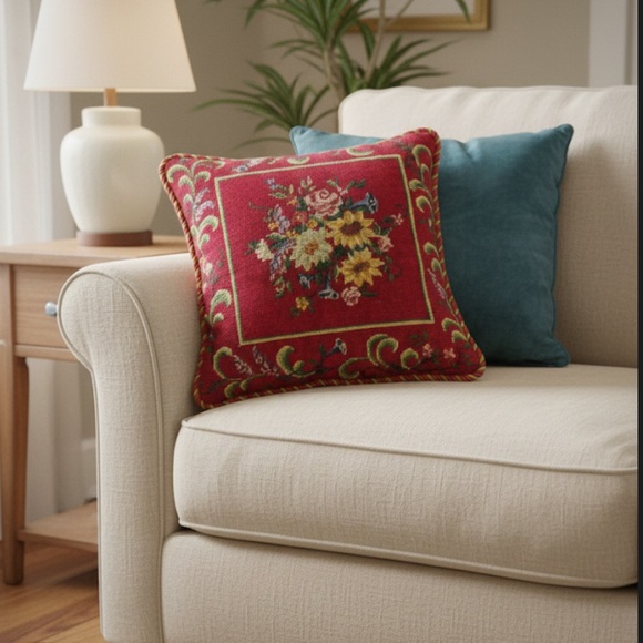 Vintage Red Floral Needlepoint Pillow with Rope Trim